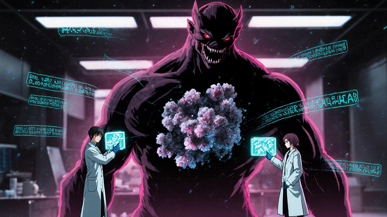 Giant protein with shadowy aggregates, scientists analyzing it with holograms and glowing gene sequences in a futuristic lab.