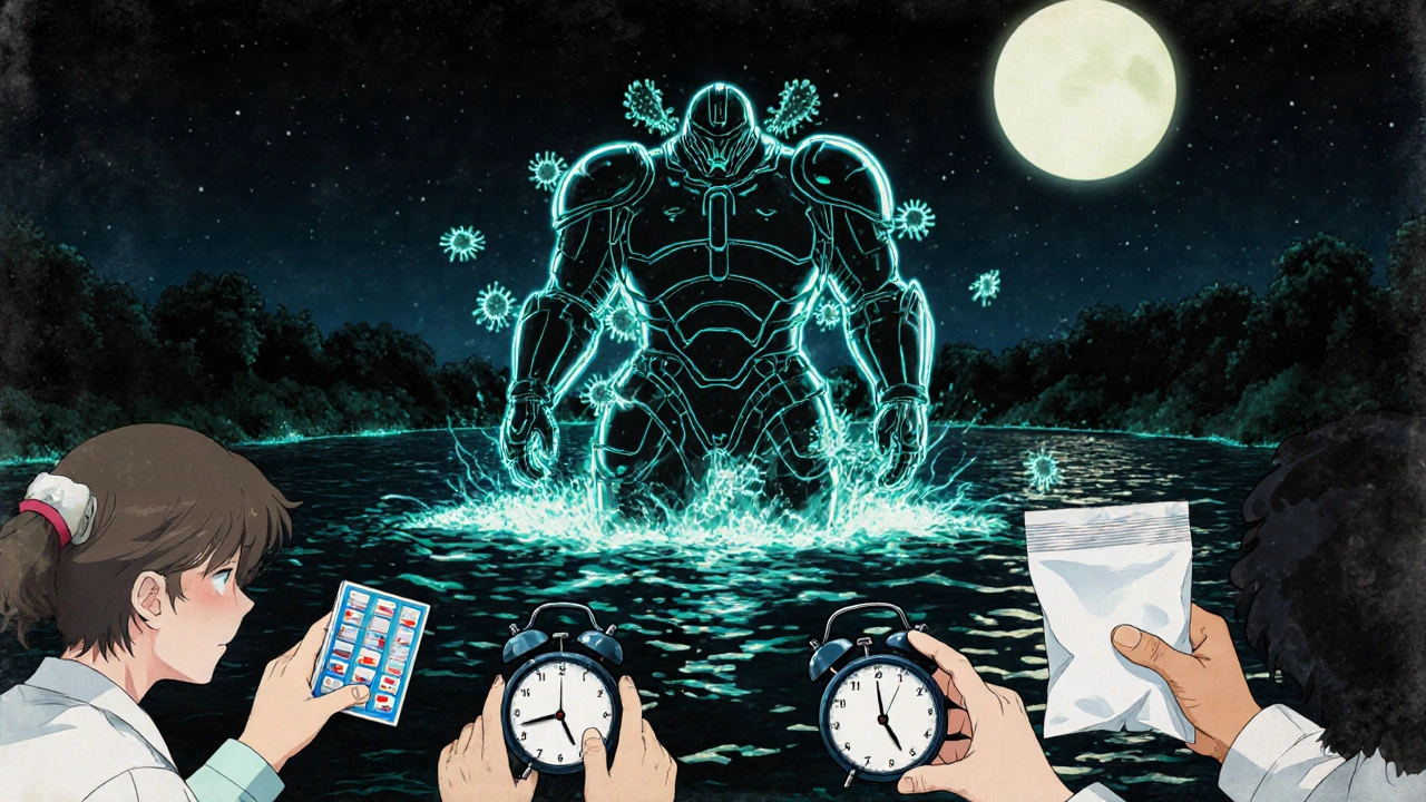 Glowing superbugs emerging from polluted water as people practice safe antibiotic use.