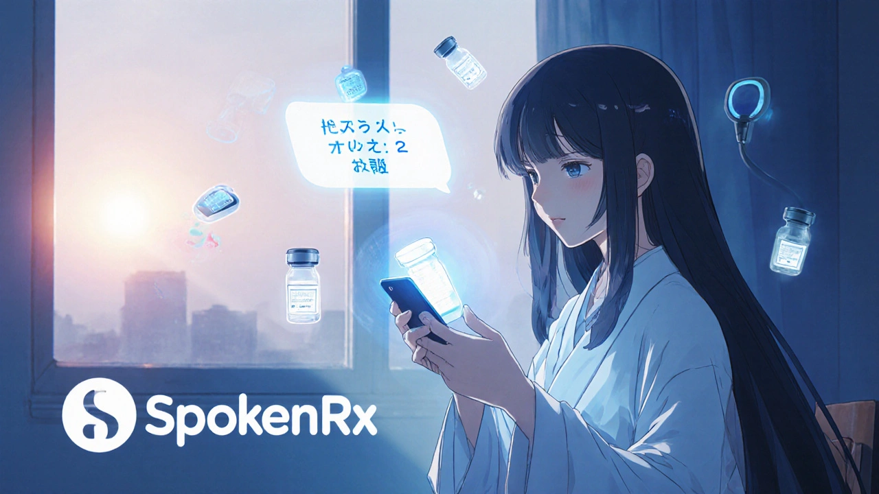 Hand scanning pill bottle with phone, holographic anime voice reads refill count aloud.