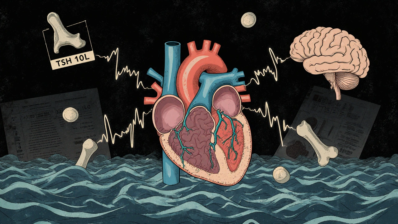 Magnified aging heart with thickened walls, floating bone fragments, and declining TSH signal lines.