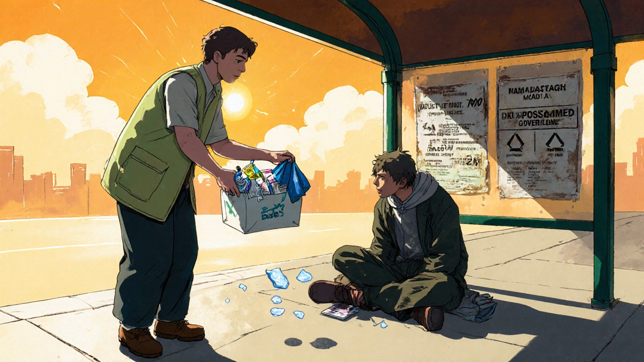 Outreach worker giving cooling kit to homeless person under shaded bus stop.