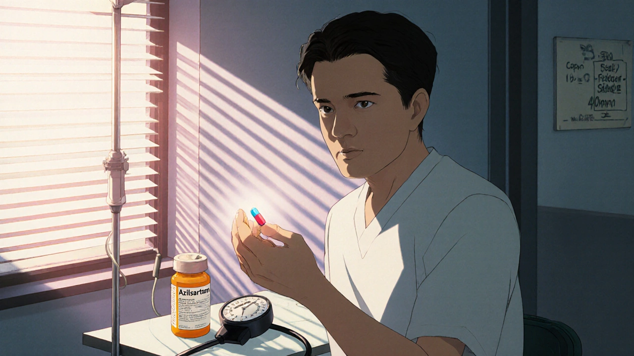 Patient holding azilsartan pill in morning sunlight, with empty IV stand and prescription bottle nearby.