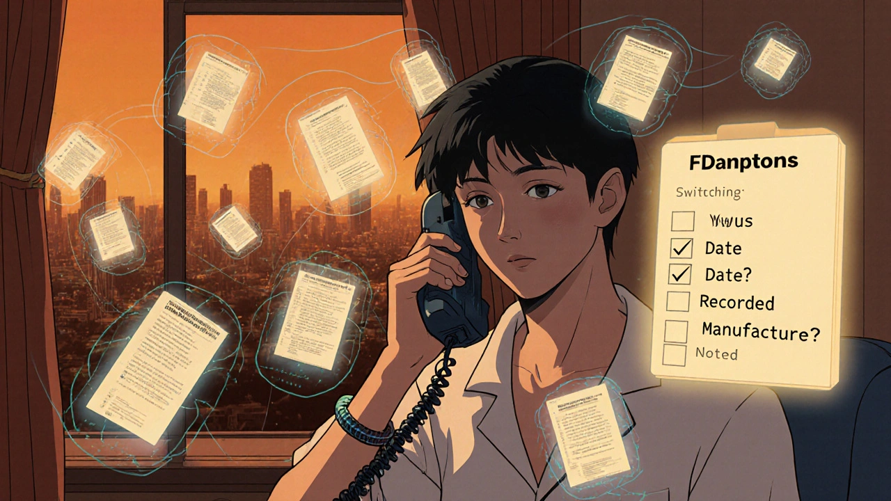 Person calling FDA hotline with floating data streams of side effect reports.