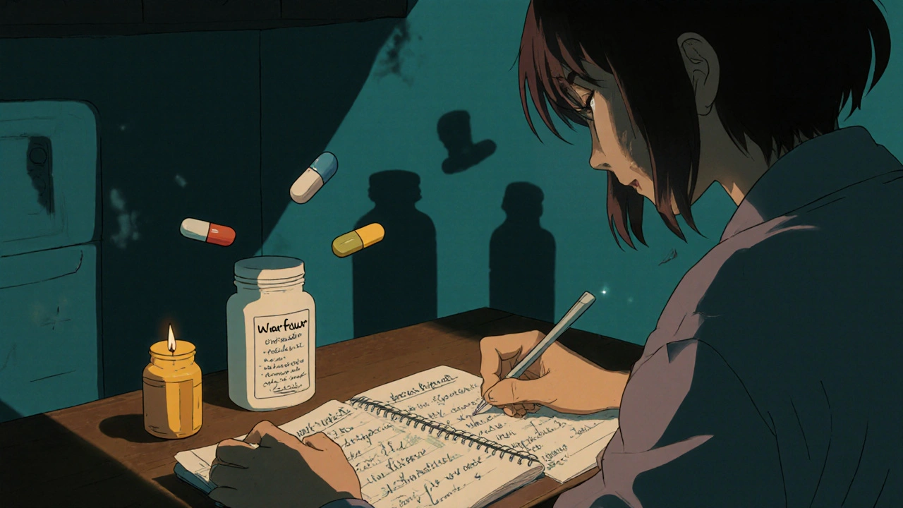 Person journaling symptoms at night with different pill bottle and glowing medication icons