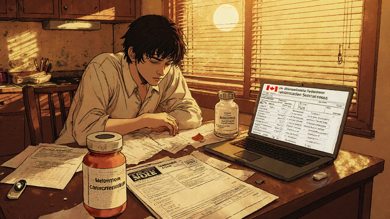 Person reviewing medication documents at kitchen table with prescription and tariff database on laptop