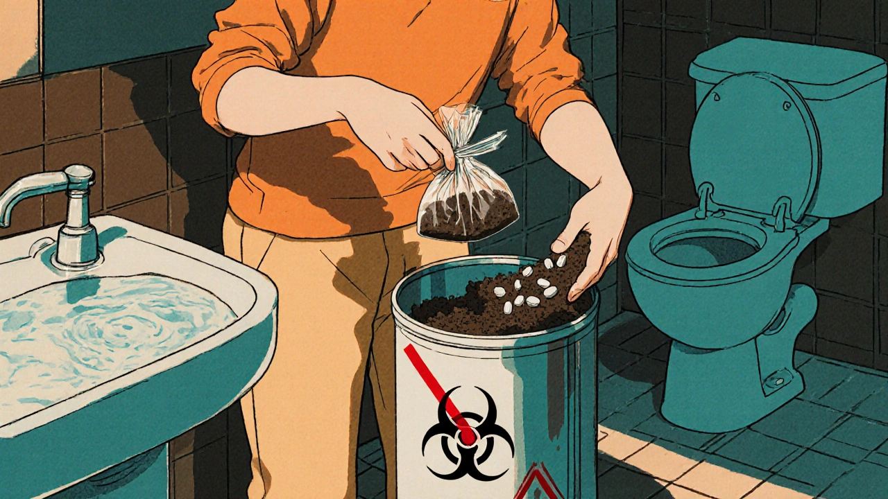 Person safely disposing of leftover antibiotics by mixing them with coffee grounds.