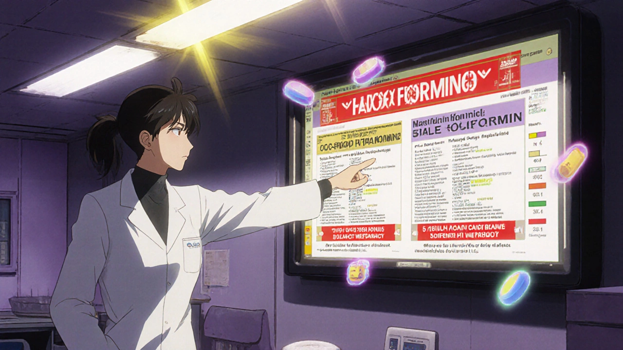 Pharmacist pointing at monitor showing multiple drug labels with red black box warnings.