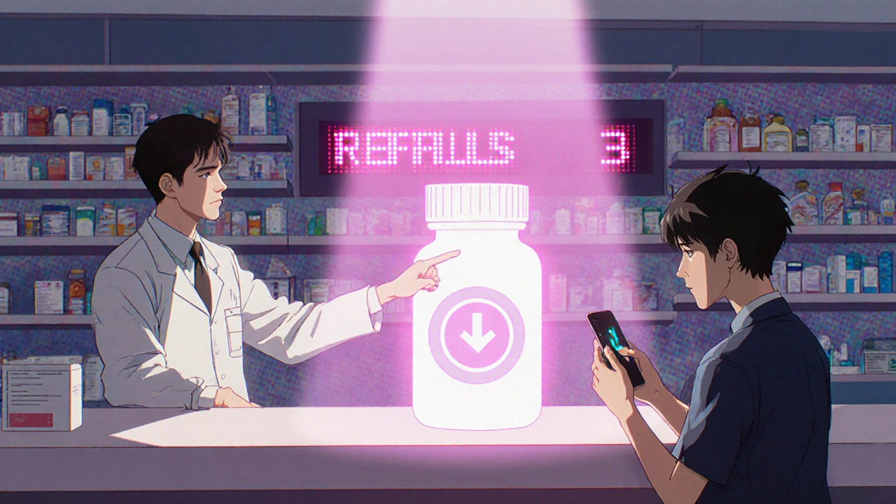 Pharmacist points to digital prescription label showing Refills: 3 with glowing arrow icon.