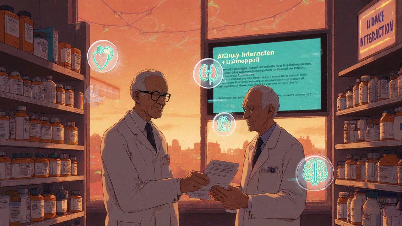 Pharmacist reviewing medication list with elderly patient, drug interaction warning on screen.