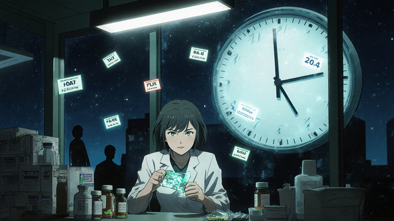 Pharmacist scanning pill bottles with holographic recall alerts in a dim hospital pharmacy