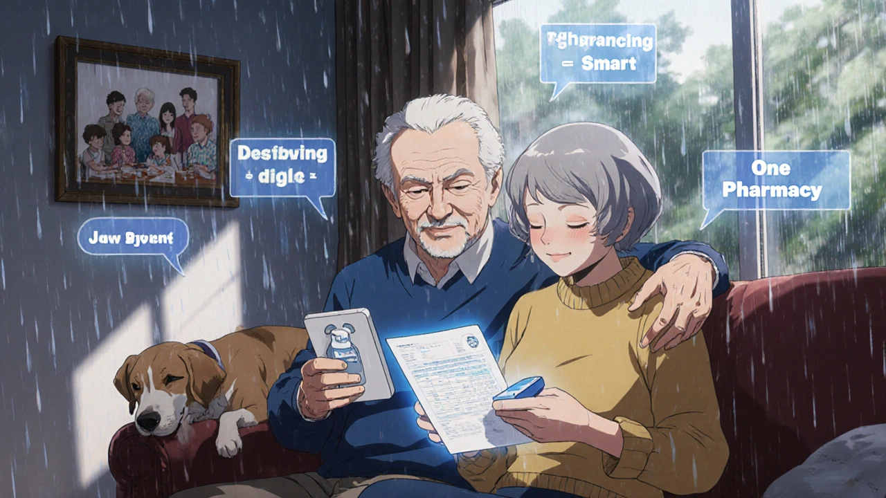 Senior couple reviewing medication plan together in their living room with pill box and tablet.