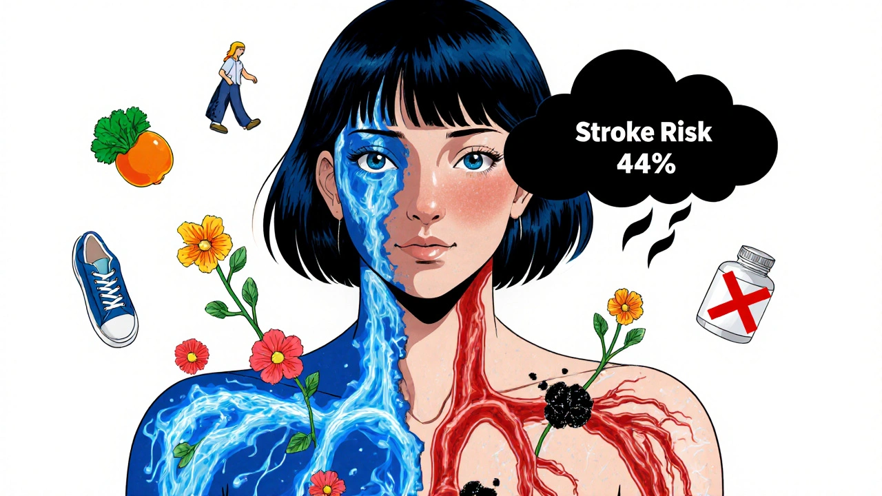 Split-body woman: one side healthy with glowing arteries and flowers, the other clogged with clots and a storm labeled 'Stroke Risk 44%'.