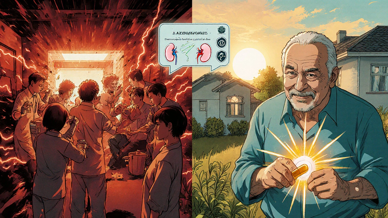 Split scene: chaotic ER on left, peaceful home on right, with protective energy around heart and kidneys.