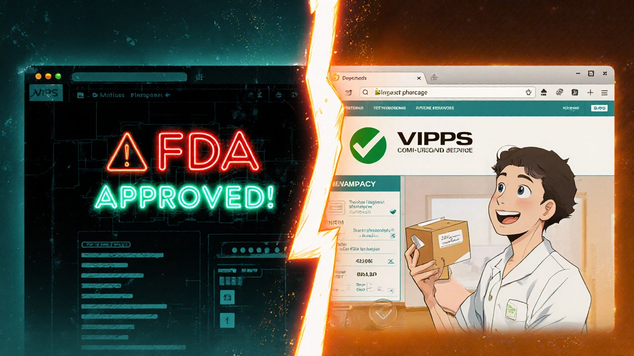 Split scene: fraudulent pharmacy website vs. legitimate VIPPS pharmacy portal