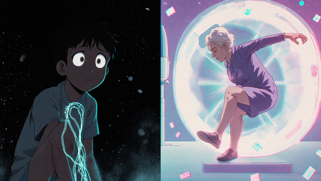 Split scene showing nerve failure in a young patient and spinal fracture in an elderly woman.