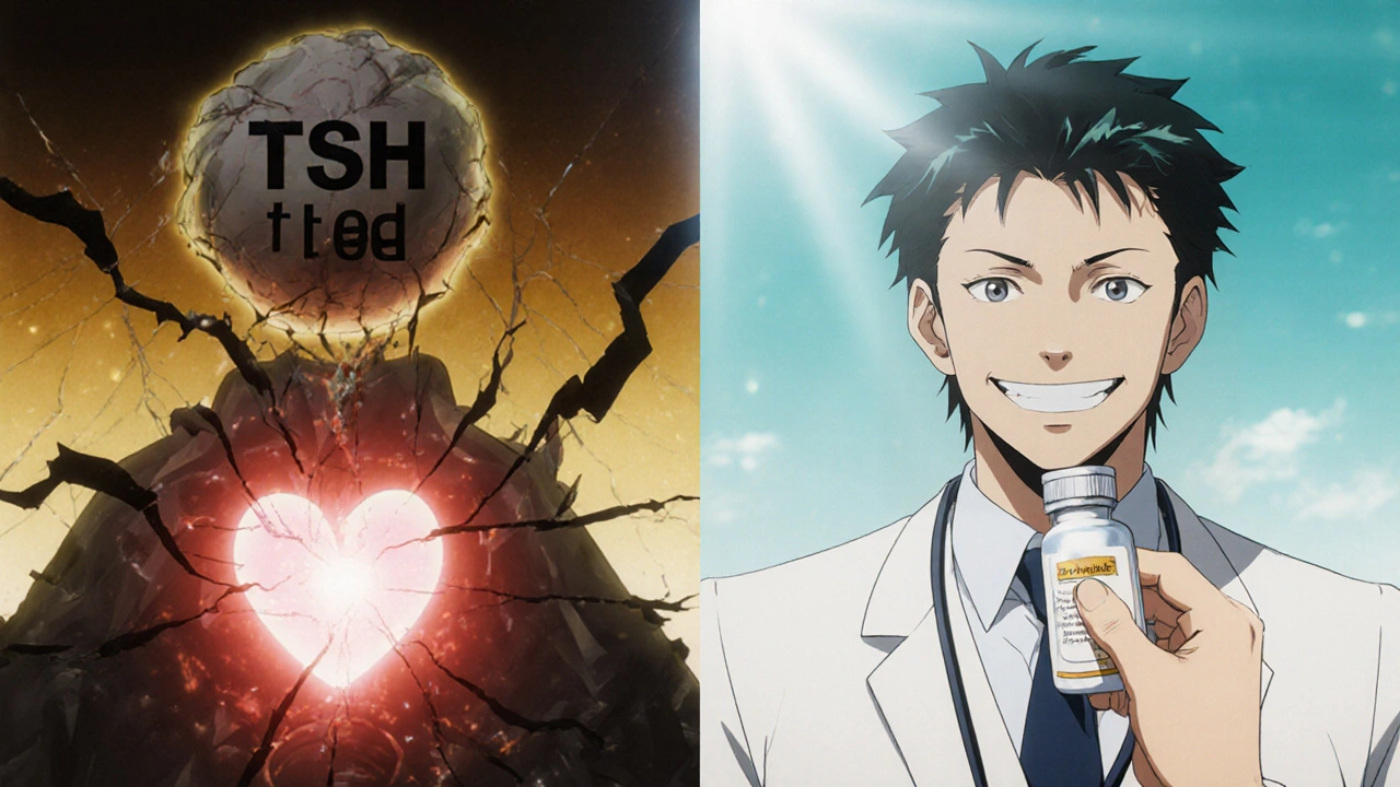 Split-screen: crumbling heart and bones vs. healed heart and stable bones with thyroid medication.