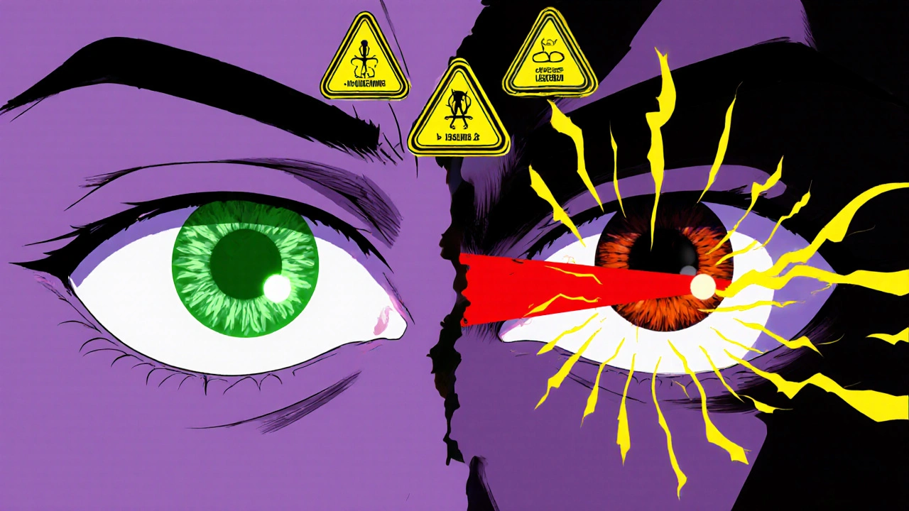 Two contrasting eyes side by side: one open and healthy, the other blocked and red, with warning symbols for dangerous medications.