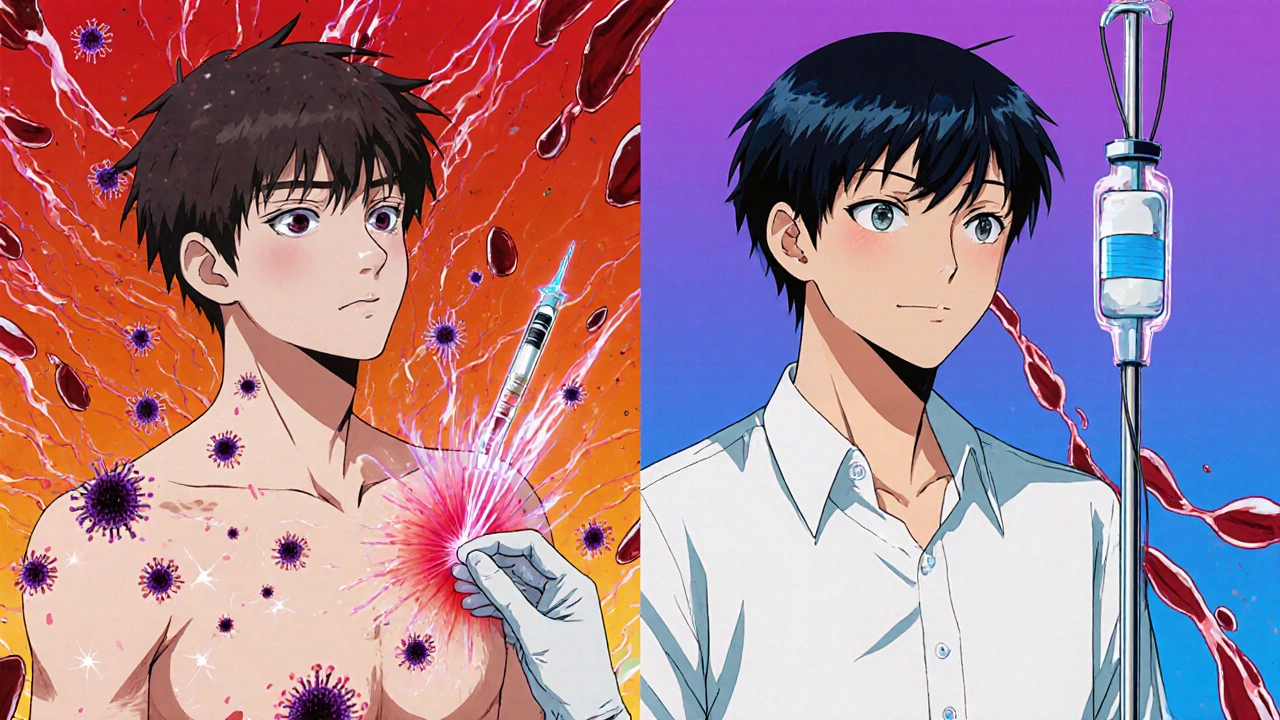 Two patients receiving different drug administrations—subcutaneous injection with active immune response vs. IV with calm flow.