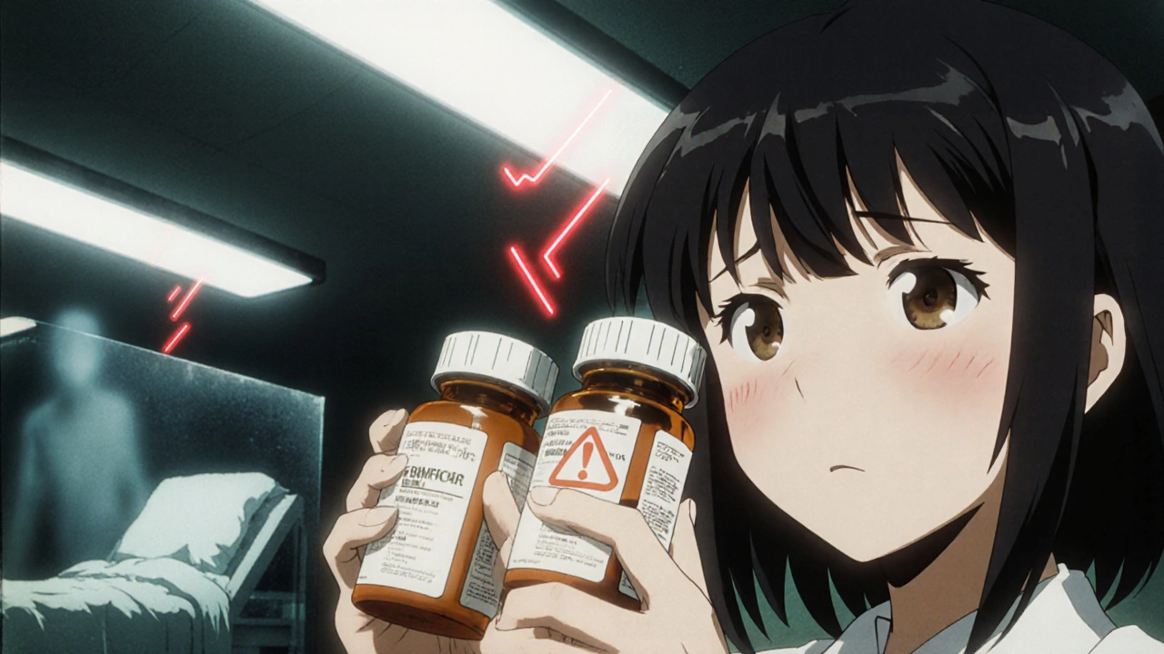 Two pill bottles side by side with glowing warning symbols floating nearby.