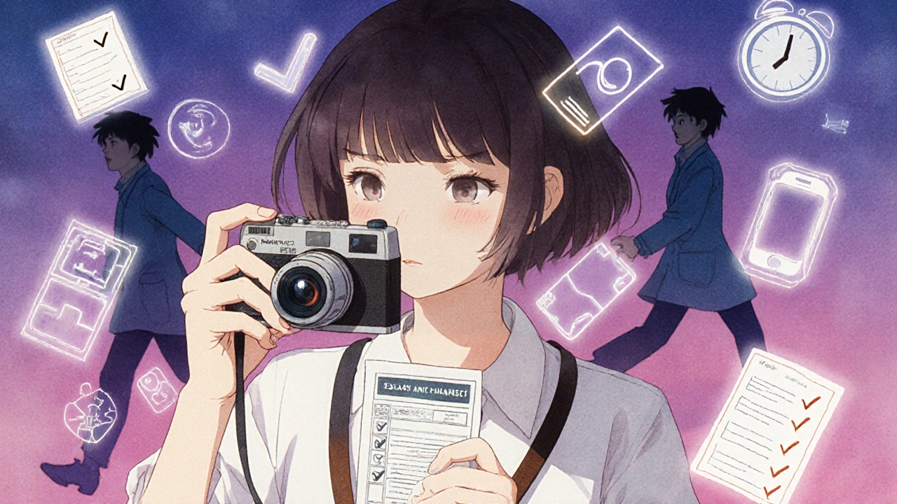 Woman photographing her medicine label as checklists and icons float around her.