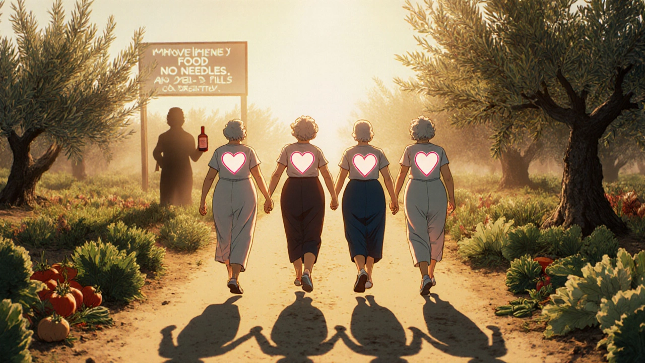 Women walking on a sunlit path, their shadows forming radiant hearts, while a tibolone bottle fades into mist in the distance.