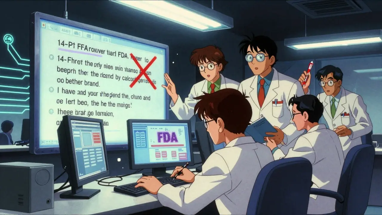 A compliance team works under pressure to fix illegal drug ads, with glowing FDA rules on digital screens.