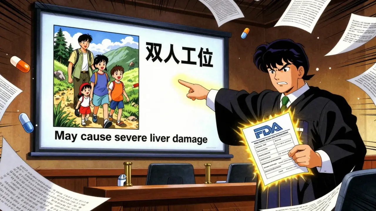 A courtroom scene shows a generic drug ad with hidden side effects being challenged by a judge and lawyer.