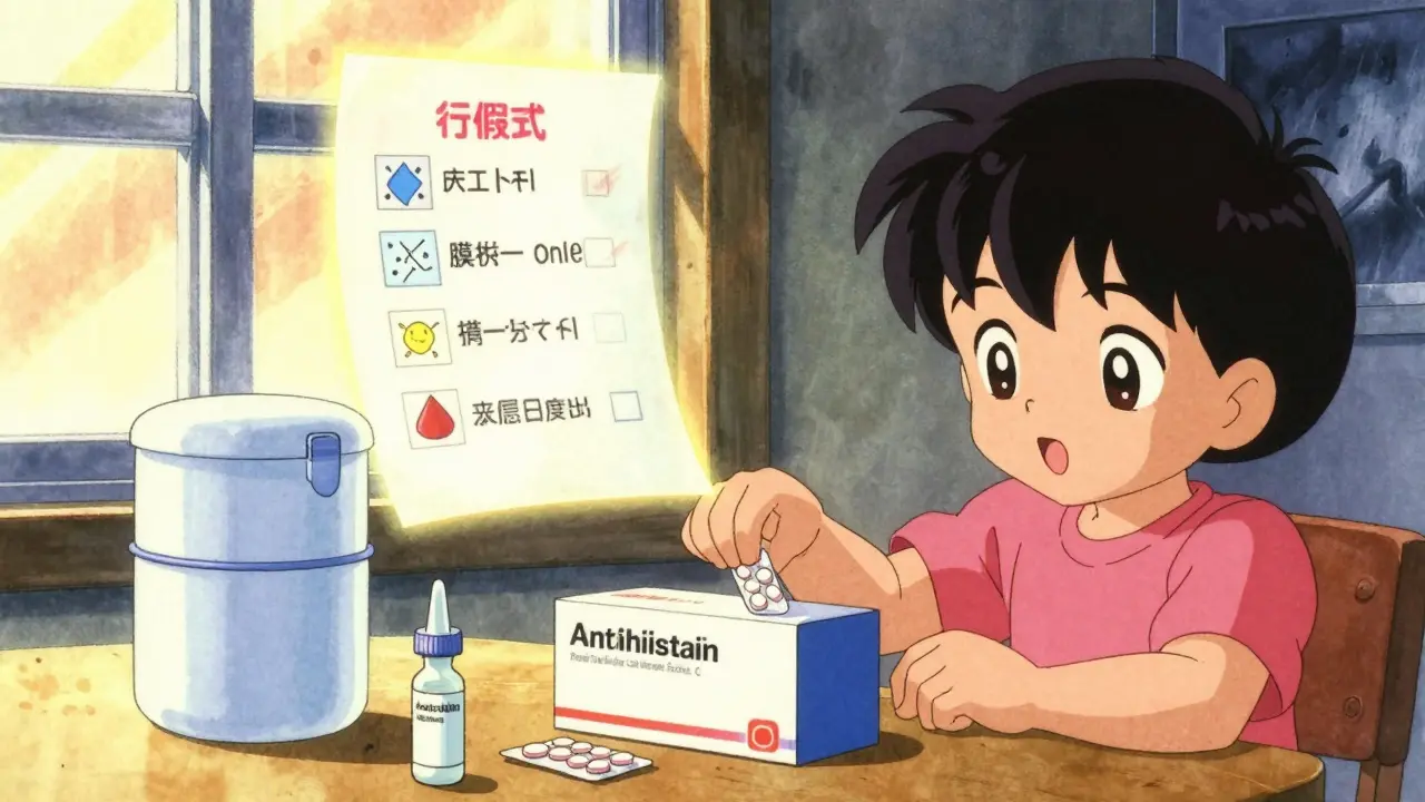 A family packing an emergency medication kit with insulin and pills, glowing storage checklist in the background.