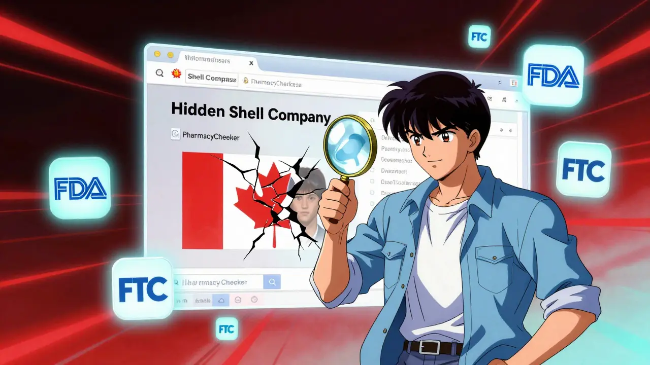 A hero examining a fake website with magical overlays revealing hidden fraud and official verification badges.