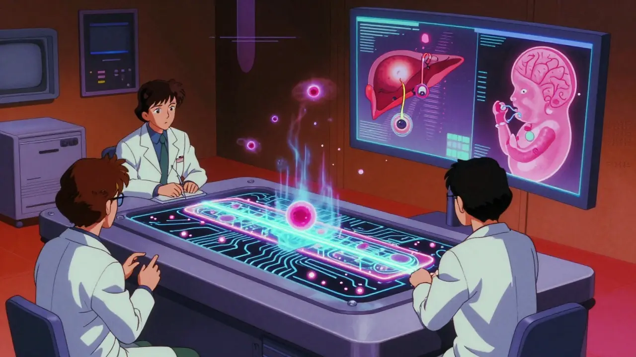 A high-tech placenta-on-a-chip lab with glowing microfluidic channels and holographic fetal drug tracking in retro anime aesthetic.