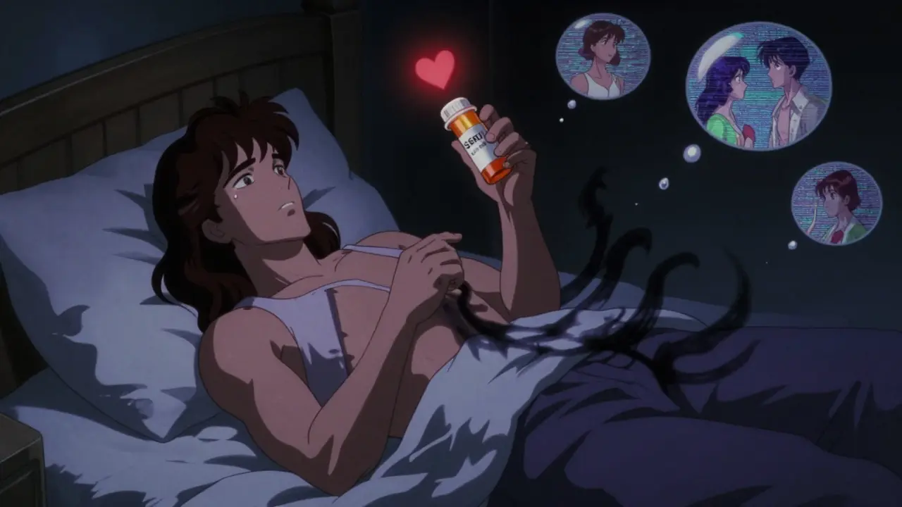 A man holding an SSRI pill as a shadow dims intimacy between him and his partner at night.