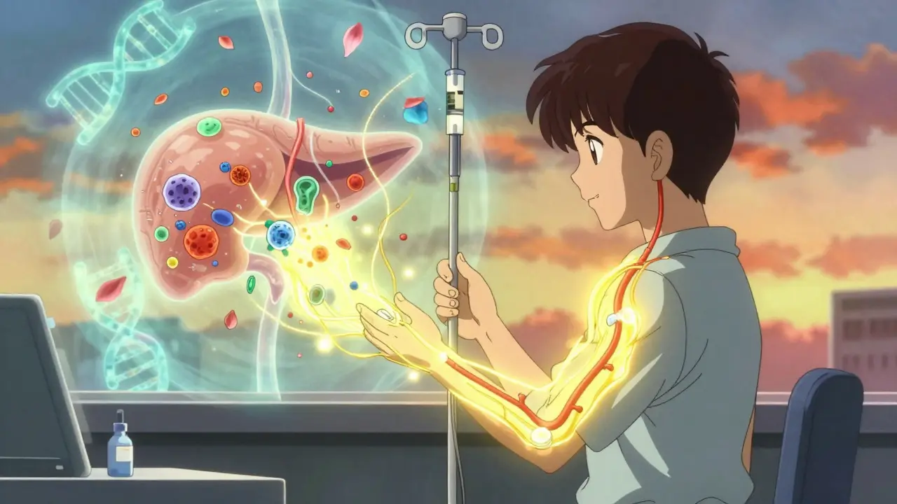 A patient receiving teplizumab infusion as golden energy rebuilds beta cells in retro anime style.