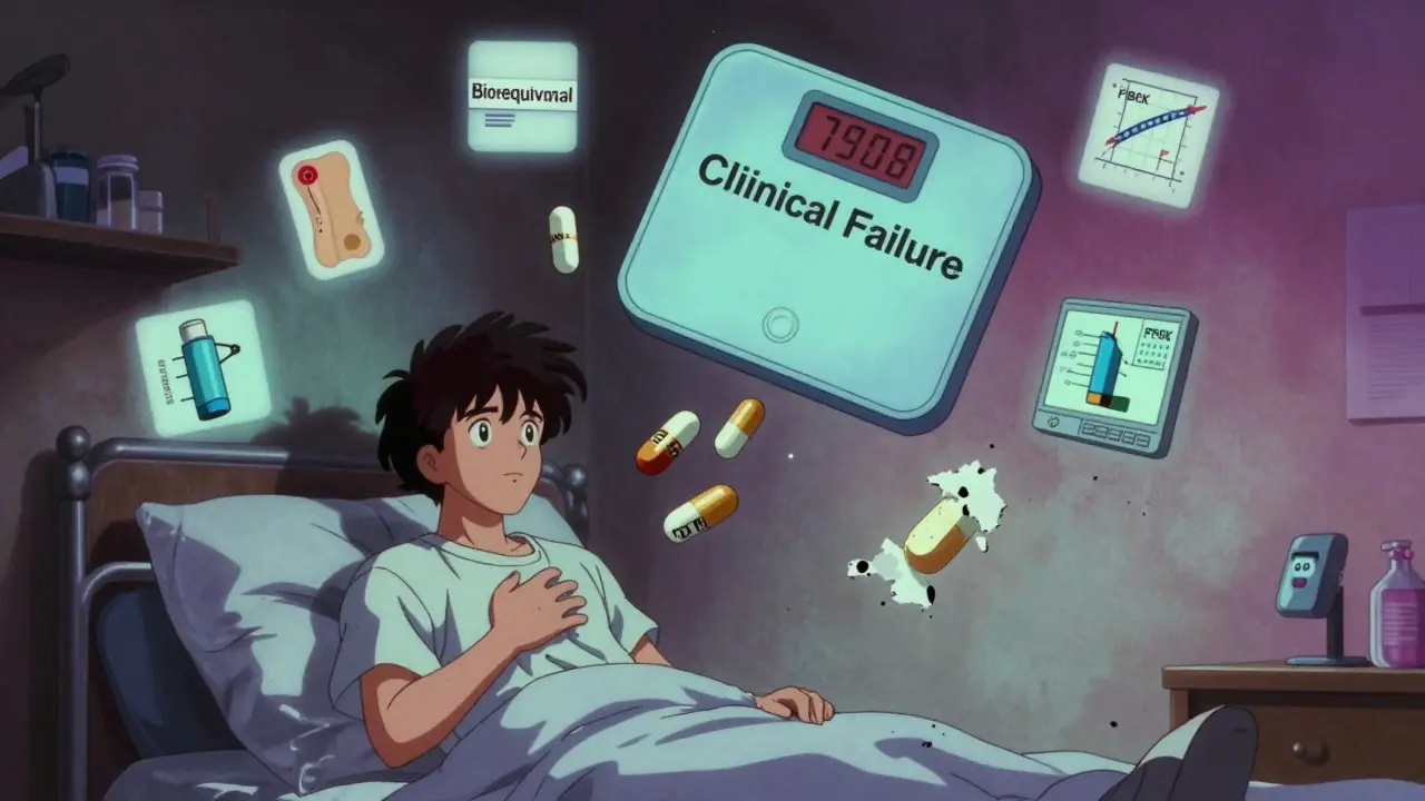 A patient surrounded by floating pills and medical icons, with a digital scale tipping between bioequivalence and clinical failure