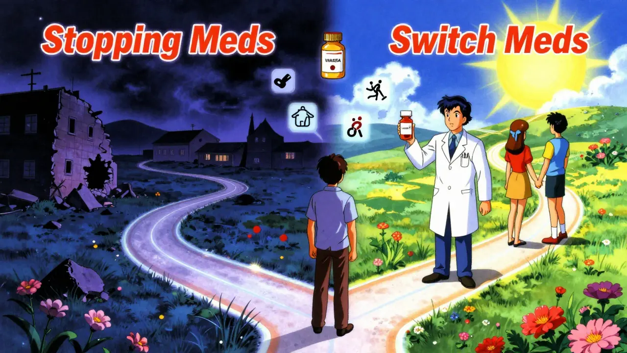 A person choosing between stopping medication or switching to a safer option in a symbolic crossroad.