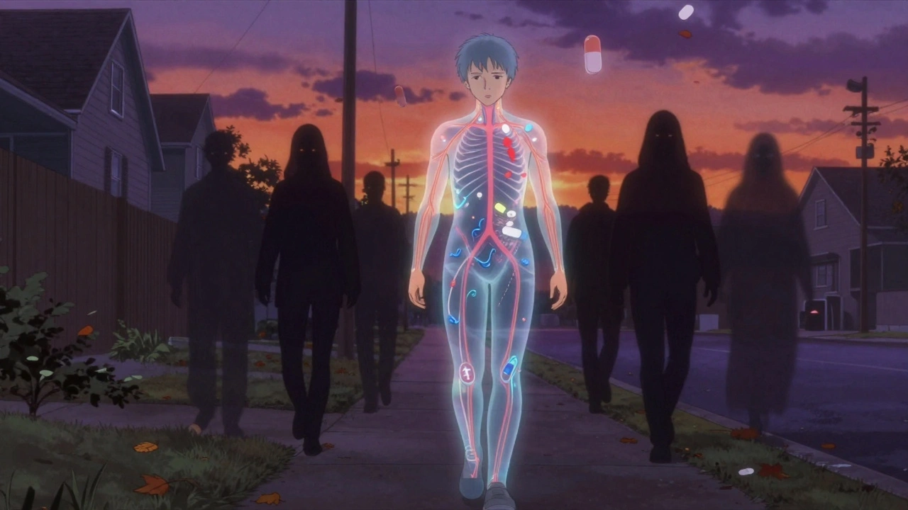 A person walking at dusk with glowing medication effects tracing through their body, shadowy drug figures behind them.