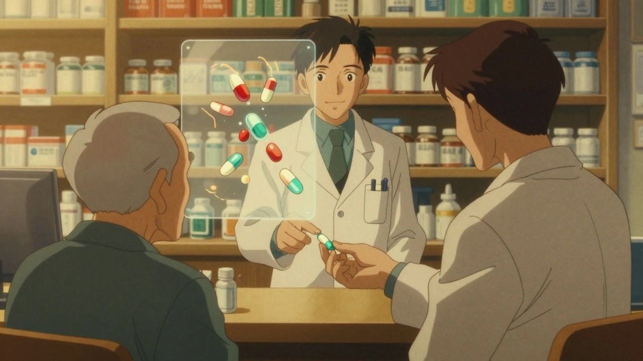 A pharmacist giving a single combination pill to an older man, with pills merging into one.