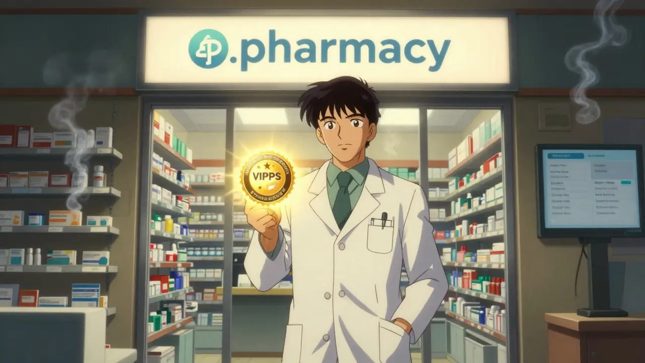A pharmacist holding a verified VIPPS seal in a clean pharmacy with glowing safety certifications.