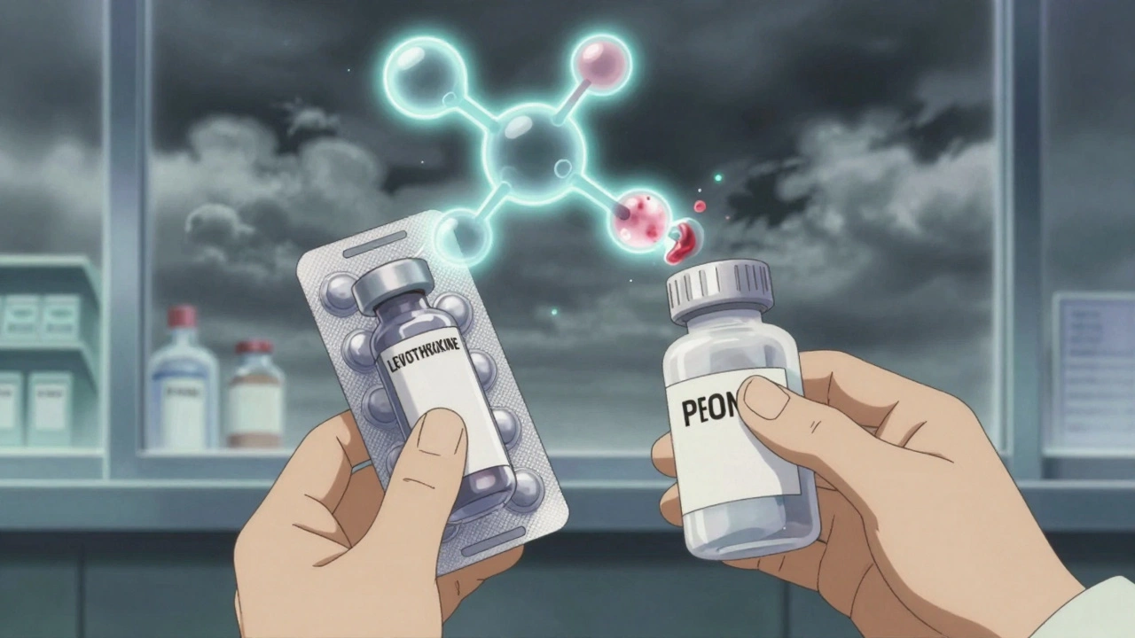 A pharmacist holding two insulin vials, with molecular degradation visible as glowing impurities.
