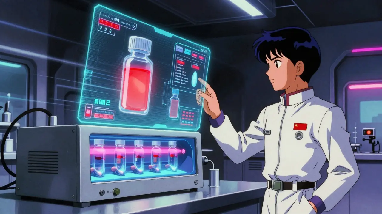 A scientist monitoring holographic temperature indicators on pill bottles in a retro-futuristic lab, with nitrogen packaging.