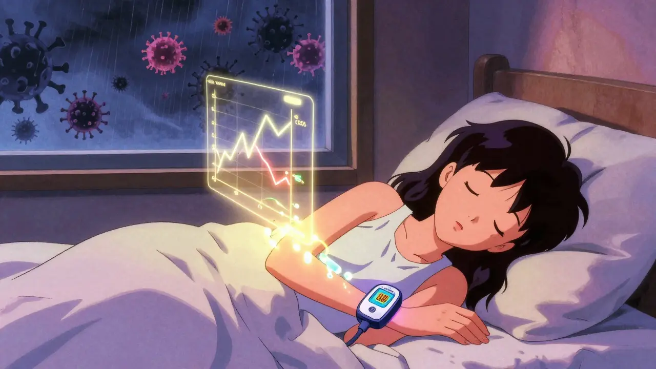 A teen sleeping with a glowing CGM projecting a glucose graph, soft light calming the night.