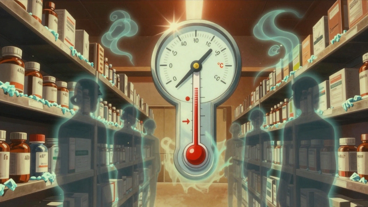 A warehouse overheating, generic medicines crystallizing as ghostly patient silhouettes fade away.