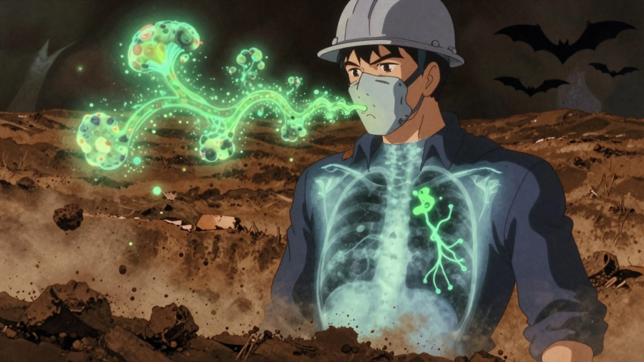 A worker inhaling glowing fungal spores from dusty soil, with patchy nodules visible in their lungs under a surreal anime sky.