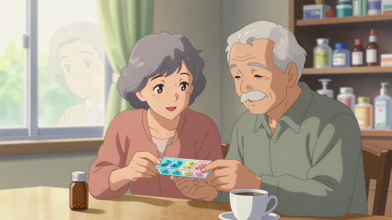 An elderly couple using a simple pill organizer at breakfast, with faded clutter behind them.