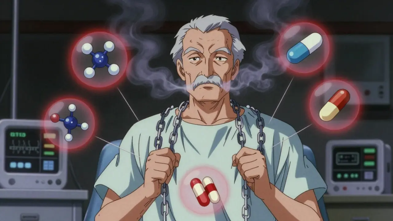 An elderly man weighed down by floating drug icons, his breath fading as medical monitors beep in the background, retro anime aesthetic.