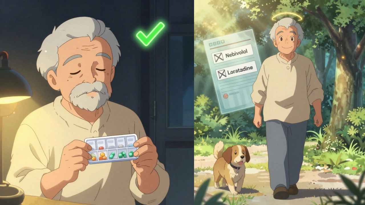 An elderly person at night taking pills peacefully, then awake and smiling in daylight with medical chart showing improved meds.