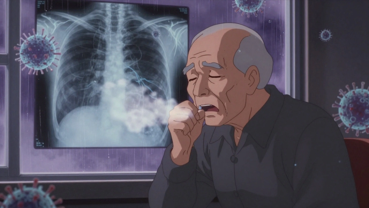 An elderly person coughing weakly at a window, with hazy viral particles and a diffuse X-ray pattern across both lungs.