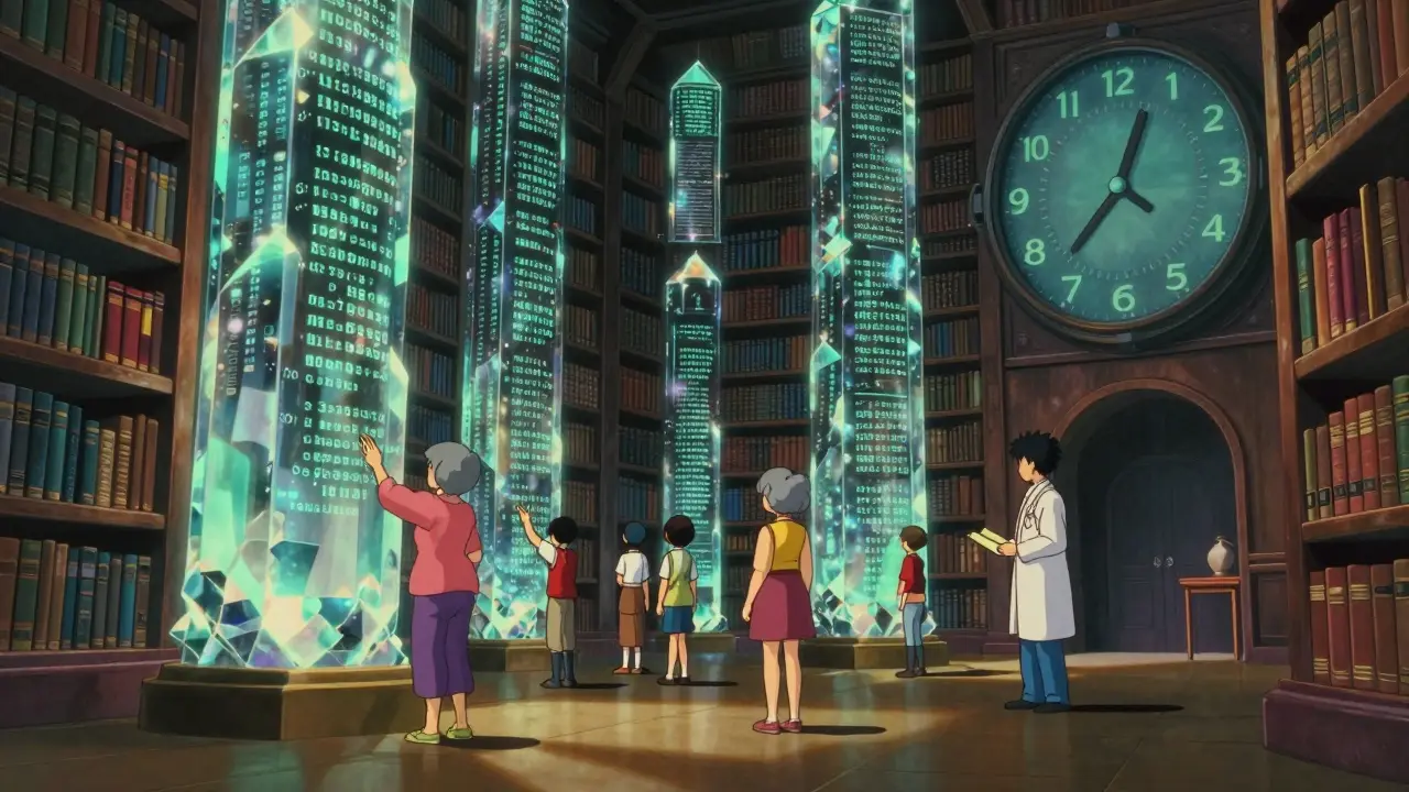 Ancient data library with glowing MedDRA codes, visited by diverse people accessing FAERS reports.