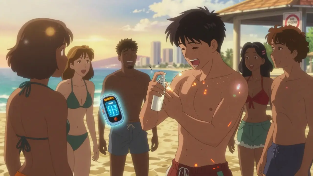 Beachgoers reapplying sunscreen with a wearable alert device glowing in sunset light.
