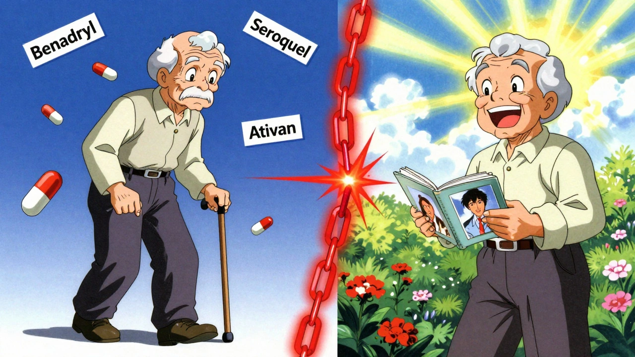 Before and after: senior overcoming medication fog to enjoy life again.