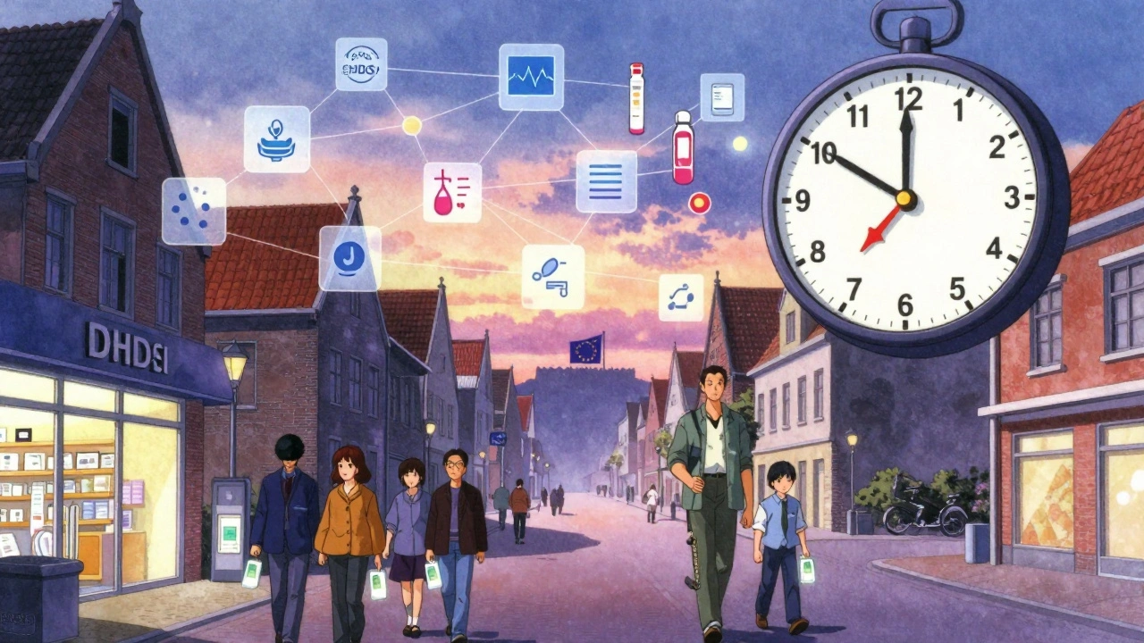 Border town with connected pharmacies and glowing EU health network above